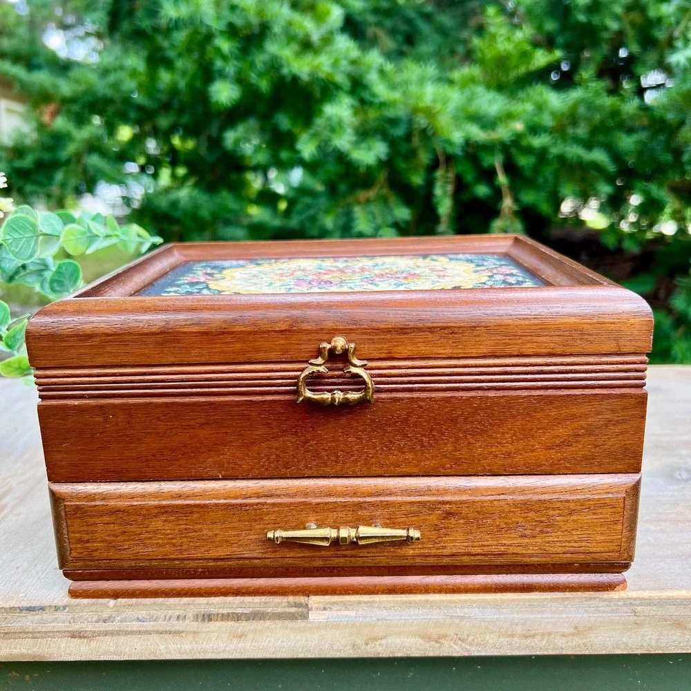 Vintage Floral Tapestry Wood Jewelry Box | Made in Japan